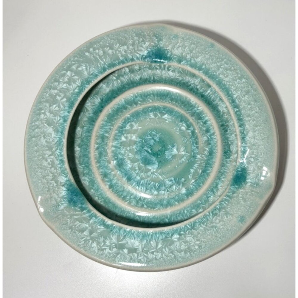 Art Pottery Teal Blue Crystalline Glaze Ash Tray Trinket Bowl 9"